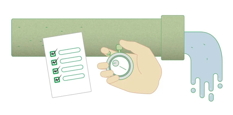 Graphics of wastewater treatment legal compliance. A hand, watch, checklist, and pipe.