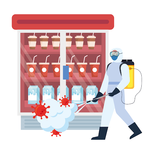 A graphic of a sterile worker cleaning the doors in a sterile, aseptic environment.