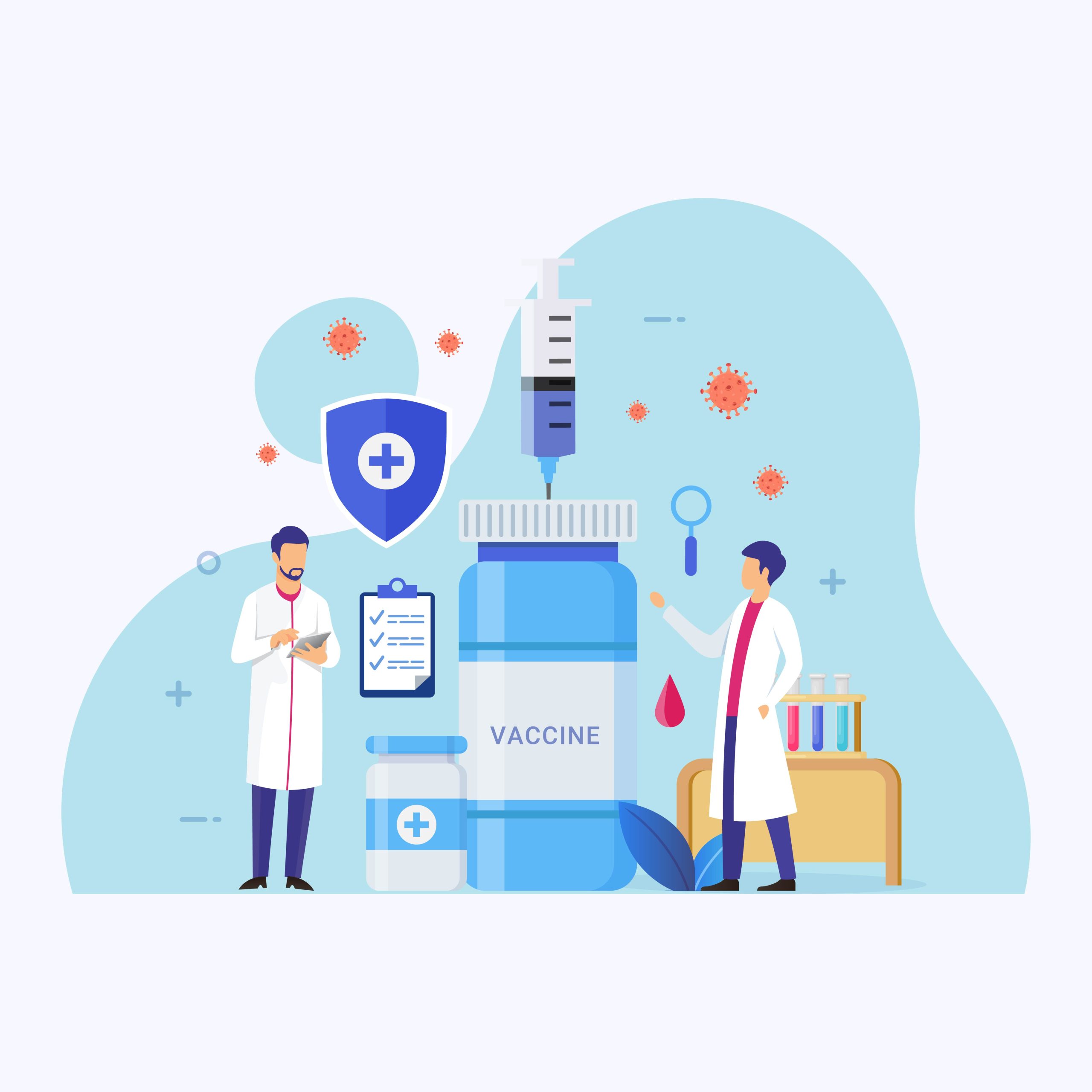 A graphic of two technicians working on vaccine development and production.